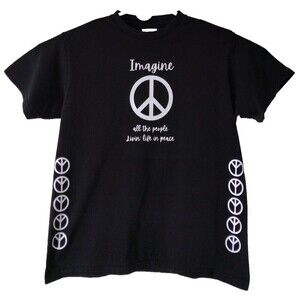 Boho Alien T-Shirt Men's M Black Imagine Peace Sign Short Sleeve Street Wear